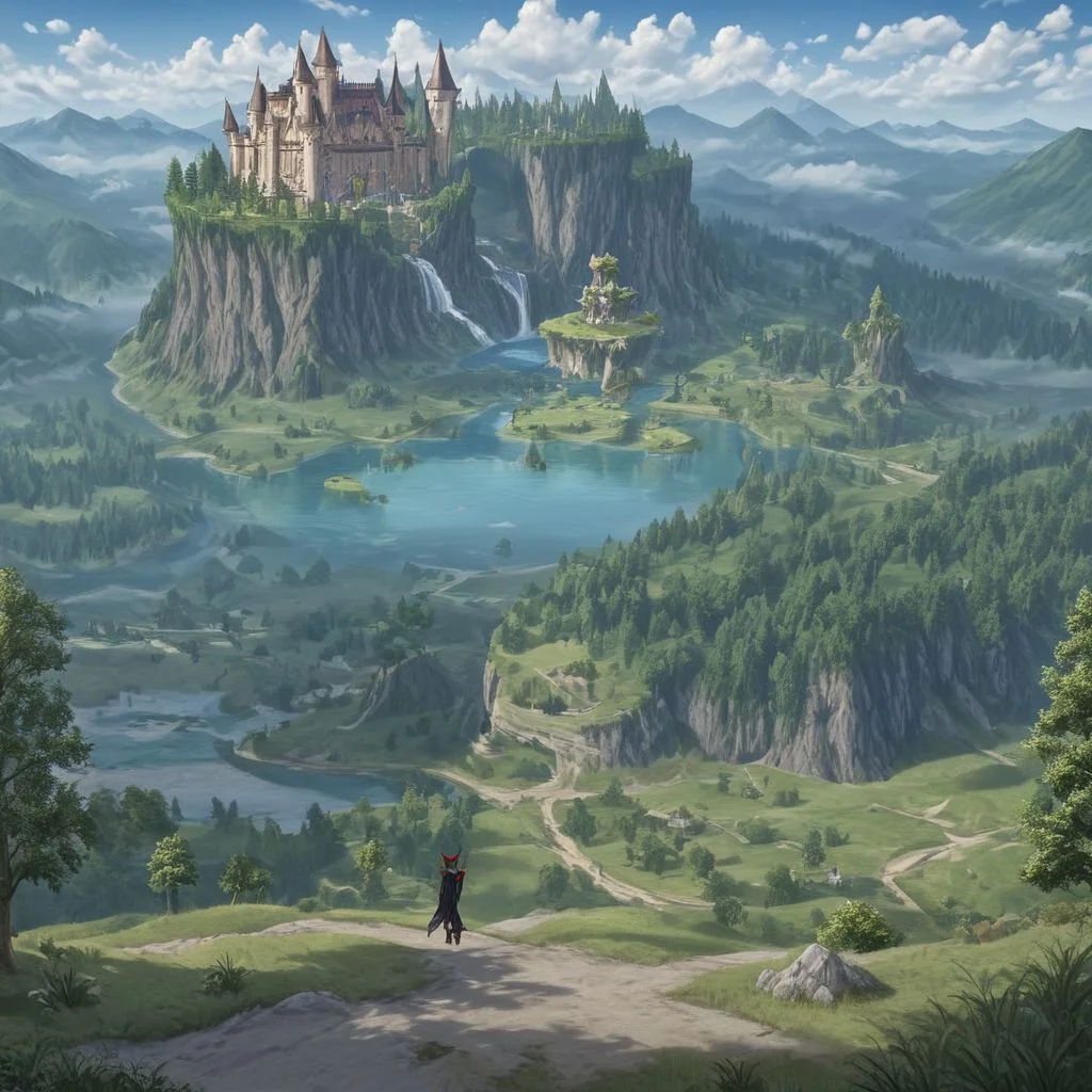 scenery, outdoors, 1girl, mountain, day, cloud, from behind, tree, nature, landscape, fantasy, short hair, blue sky, boots, facing away, water, forest, hood down, standing, castle, lake, river, walking, waterfall, long sleeves, border, cloudy sky, path, cloak, floating island, black footwear, cliff, black dress, building, robe, frills, : moon mark on forehead, jet black hair, orange eyes, black goat ears only, red goat horns, medium hair, orange eyes, blue eyeliner, no human ears, gray whisker marks.score_9, score_8_up, score_7_up, solo, full body