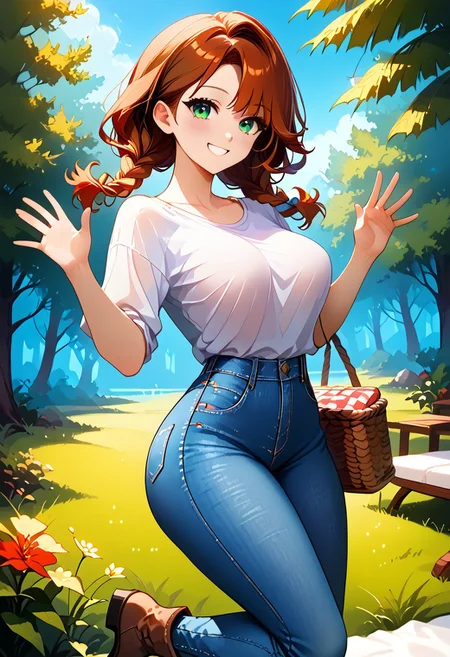 score_9, score_8_up, score_8, perfect, full body shot, extremely detailed face, curvy body, average height, front view, detailed perfect hands, 1girl
sexy 25 year old girl, auburn hair, reddish-brown hair, highlights, medium length hair, braided twintails, light blue-green eyes, smiling, medium teardrop breasts, perky breasts, white shirt, jeans, brown boots, attracted to viewer, 
beautiful face, blushing, wavy hair, slender body, white skin, looking bashful, soft smile
semi realistic, anime, 3th3r34l,big smile, big cheesy smile, big goofy smile, front view,  smaller chin, soft chin, oval face, hands up, super thick thighs, slim butt, wide shoulders, swimmer’s build, really wide shoulders, tiny butt
medium wavy auburn hair, auburn hair, , side view,calm expression, outdoors, forest, trees, grassy field, blue and purple sky, stylistic, standing up, front view,, picnic basket, waving, calm expression, illustration, vibrant colors, intricate details, 8k wallpaper, (Depth of field, cinematic angle, cinematic lighting:1.2), (masterpiece:1.2), (best quality:1.2), (very aesthetic:1.2), (absurdres:1.2), newest, intricate, Expressiveh, freebos_smoothiestyle
