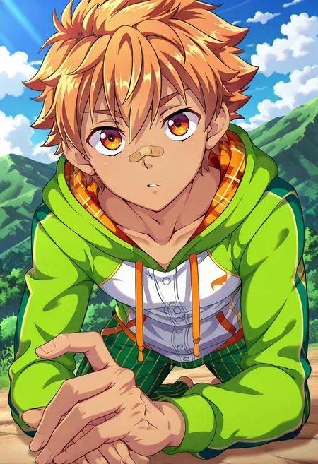 masterpiece, best quality, intricate details, anime screencap, anime coloring, official style, looking at viewer, , 1boy, solo, male focus, <lora:jirou_camp_buddy_ilxl:0.9>, jirou_camp_buddy, orange hair, orange eyes, bandaid on nose, focused, hill, greenery, day, clouds, the pose, relaxed, Goldenrod Linen Pinstripe Denim joggers, Plaid flannel hoodie, , ,