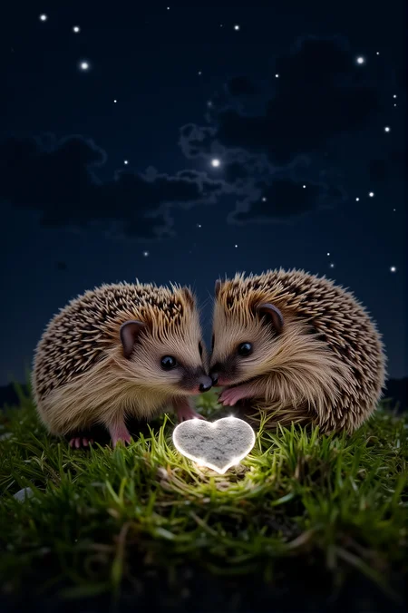 On a soft patch of moss, a little hedgehog curls up next to a fallen starâa tiny glowing heart-shaped stone. Another hedgehog nudges it closer, their noses touching as the night sparkles around them.
<lora:paws-and-hearts-flux:1>