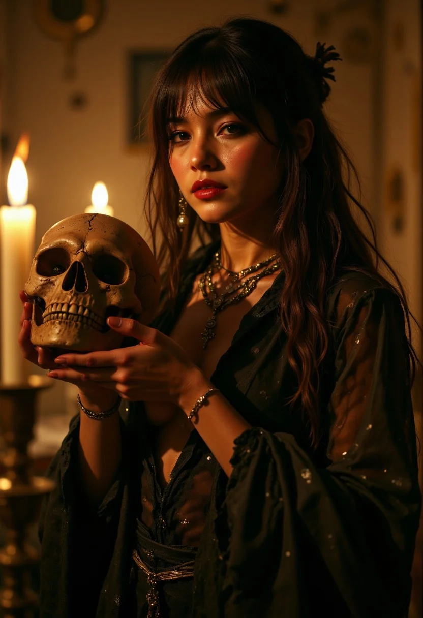 R3alisticF, hauntingly beautiful oriental necromancer, long flowing brown hair, bangs, darkly tanned skin, earrings, bone necklaces, dark eyeshadow, red lips, vibrant, front-laced transparent, filmy silk blouse, cleavage, holding skull, in a sandstone room lit by candles, High Detail, Perfect Composition, high contrast, silhouetted, chiascuro