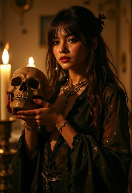 R3alisticF, hauntingly beautiful oriental necromancer, long flowing brown hair, bangs, darkly tanned skin, earrings, bone necklaces, dark eyeshadow, red lips, vibrant, front-laced transparent, filmy silk blouse, cleavage, holding skull, in a sandstone room lit by candles, High Detail, Perfect Composition, high contrast, silhouetted, chiascuro