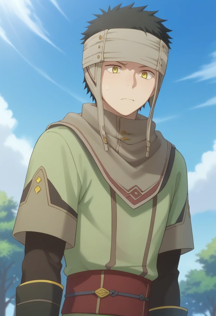 score_9, score_8_up, score_7_up, source_anime, highly detailed, 
obi_sw, 1boy, male focus, solo, sky, sweatdrop, black hair, yellow eyes, blue sky, forehead protector, ninja uniform,
outdoor, sky, cloud, tree,