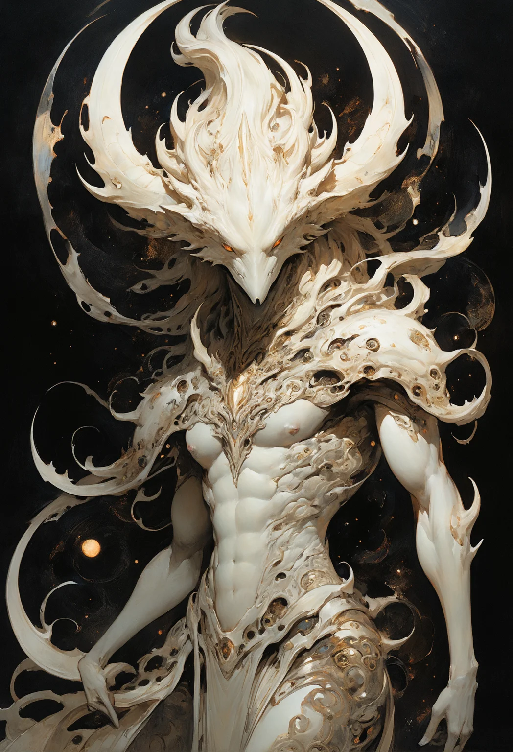 otherworldly astral monster, scifi, Greg Tocchini, bold lines, hyper detailed, (intricate details, masterpiece, best quality:1.2), black and ivory hue looking at viewer, dynamic pose <lora:add-detail-xl:1> <lora:xl_more_art-full_v1:0.5> <lora:sdxl/nicola_samori_dark_art_style:0.5> in the style of nicola samori <lora:looking_at_viewer:1.2>