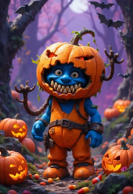 (Top realism), (Best quality), Hyper detailed photography, perfectly focused, maximum sharpness, A brightly lit, detailed Halloween scene featuring a mischievous Smurf dressed up as a tiny, adorable pumpkin monster. The Smurf wears a carved pumpkin over his head like a helmet, with a goofy, crooked grin cut into it. The pumpkin has comical, uneven eyes and an exaggerated, toothy smile that gives it a playful, spooky vibe. His little blue arms poke out from tiny holes in the pumpkin’s sides, waving playfully with tiny green vines wrapped around his wrists. The Smurf’s costume also includes rusty, toy-like mechanical arms sticking out from the pumpkin, clumsily waving around as if he’s trying to be scary. He’s surrounded by Halloween decorations—miniature bats, candy corn, and a small jack-o’-lantern with a surprised expression. The scene is set in a whimsical, moonlit forest with friendly, smiling pumpkins and soft purple lighting, capturing the festive and fun spirit of Halloween. The image is sharp and vividly colored, with a focus on the Smurf’s playful expression and adorable pumpkin monster outfit, cinematic style, UHD 8k
