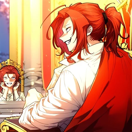 score_9, score_8_up, score_7_up, masterpiece, very high quality, Anime_source, AliciaTermina, blue eyes, red hair, medium hair, ponytail, working uniform, sitting, throne, epiCPhoto, Lloyd Frontera expression, silly face, laugh, wide eyes, evil laugh