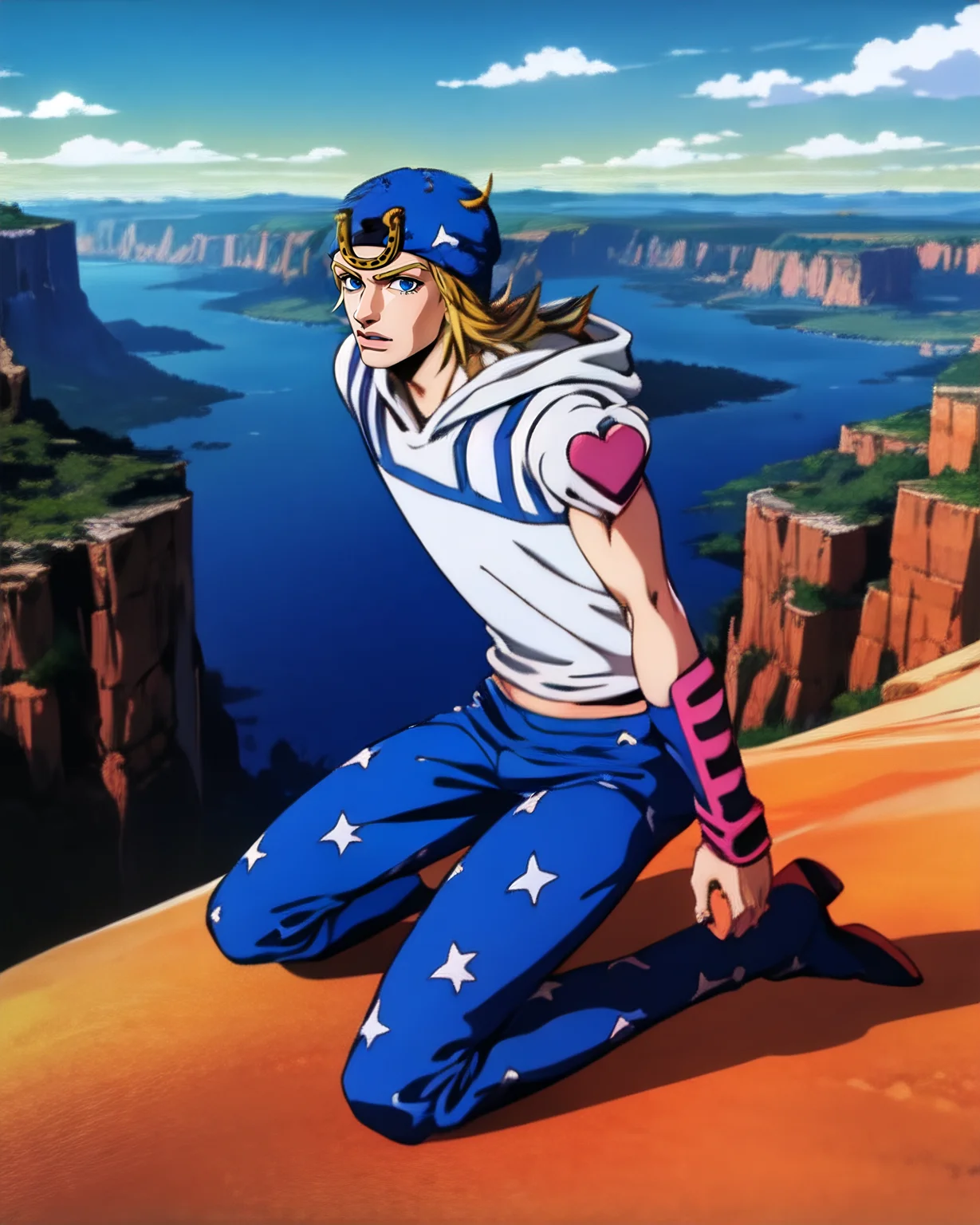 ((prfect face)), blue eyes, blond hair, <lora:johnnyJoestarLora_v4:1.2> kneeling, detailed intricate, (masterpiece, best quality:1.3), star pattern pants, hat, portrait, 1boy, (19 yrs:1.1), johnnyjojo, blue eyes, solo, blonde hair, mountains canyons background, fullbody, jojo, promotion art <lora:1990sAnimeStyleLora_1:0.3> 90's anime style, arakistyle, <lora:TESTArakiHirohikoArt_v2:0.5>