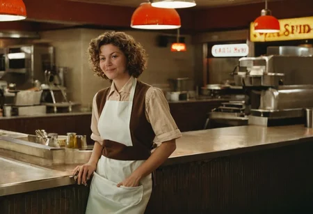 35mm documentary-style diner photography, middle-aged white woman, apron and casual clothing, kind facial features, short curly hair, warm smile, standing behind diner counter, wiping down surface, maternal demeanor, soft lighting, cozy atmosphere, earthy color palette, evoking a sense of community and support,Jackie Brown 1997 film style