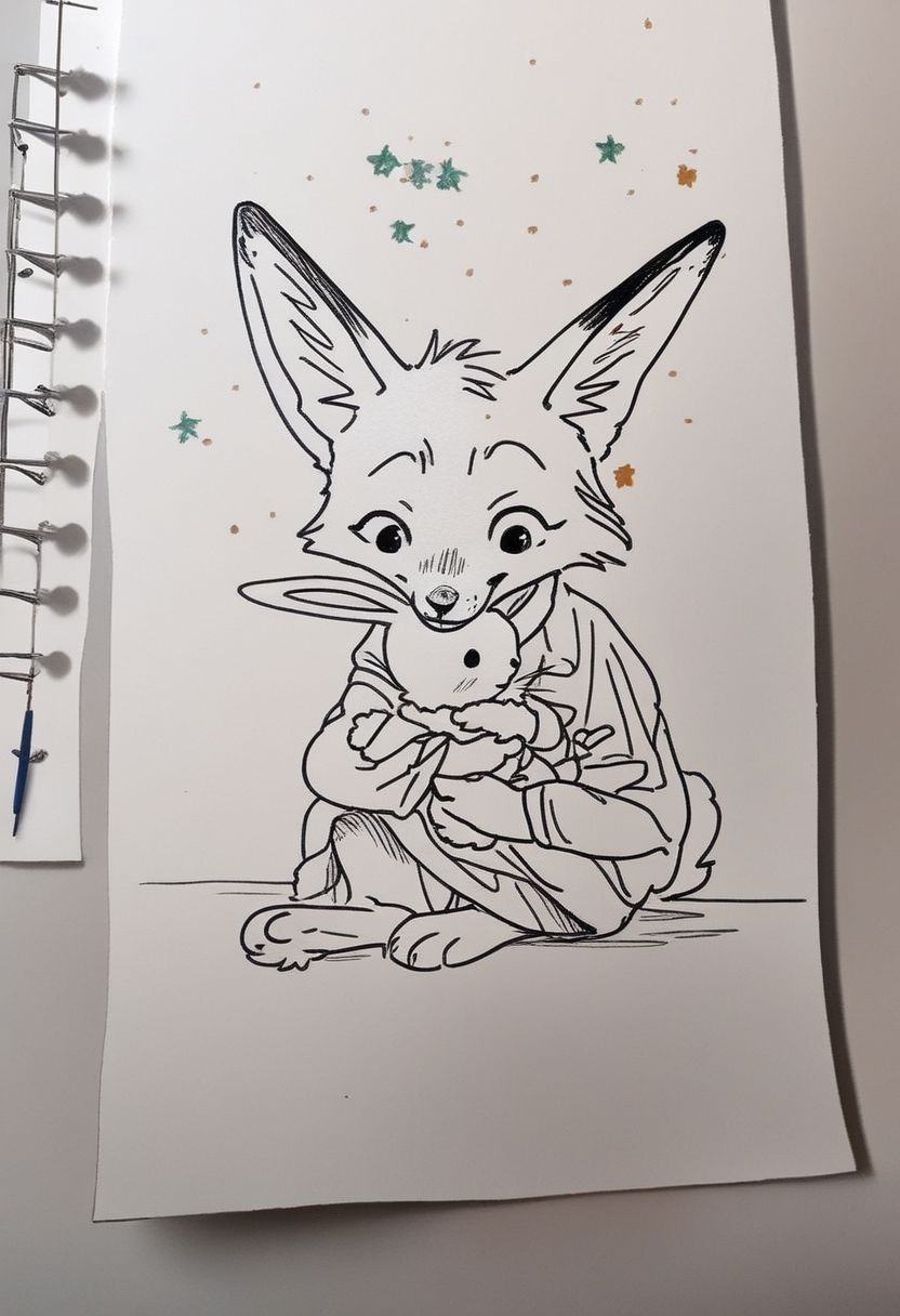 score_9, drawing, 1 fox and 1 rabbit are playing child