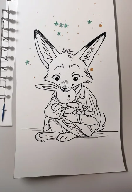 score_9, drawing, 1 fox and 1 rabbit are playing child