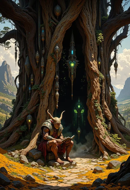 A towering, ancient oak tree with a hollowed-out trunk, serving as the home of an elderly goblin shaman, the walls of the tree are lined with glowing runes, dried herbs, and enchanted trinkets, the goblin sits on a rough-hewn wooden stool, his long fingers tracing a spellbook, his eyes glowing faintly with blue light, outside the hollow, golden autumn leaves carpet the ground, the air is crisp and smells of damp earth and wood smoke, the vibe is ancient and sacred, an intimate glimpse into forgotten magic.