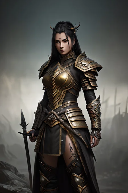 (dreamlikeart style:0.5), ( redshift style:1.1), (analog style:1.1), (copeseethemald style:0.8), (Photo:1.3) of (Detailed illustration:1.3) A (full body:1.3) shot at 8k resolution, splash art, fantastic comic book style, photorealistic, intense look, anatomical photorealistic digital painting portrait of a (old female:1.3) human (warrior:1.3) in black and gold intricate (heavy armor:1.3) in a (dark and moody universe:1.3), light particle, very detailed skin,samurai, very detailed eyes, (elden ring style:1.3), (warhammer style:1.1), concept artist, global illumination, depth of field, splash art, art by artgerm and greg rutkowski and viktoria gavrilenko,Highly Detailed