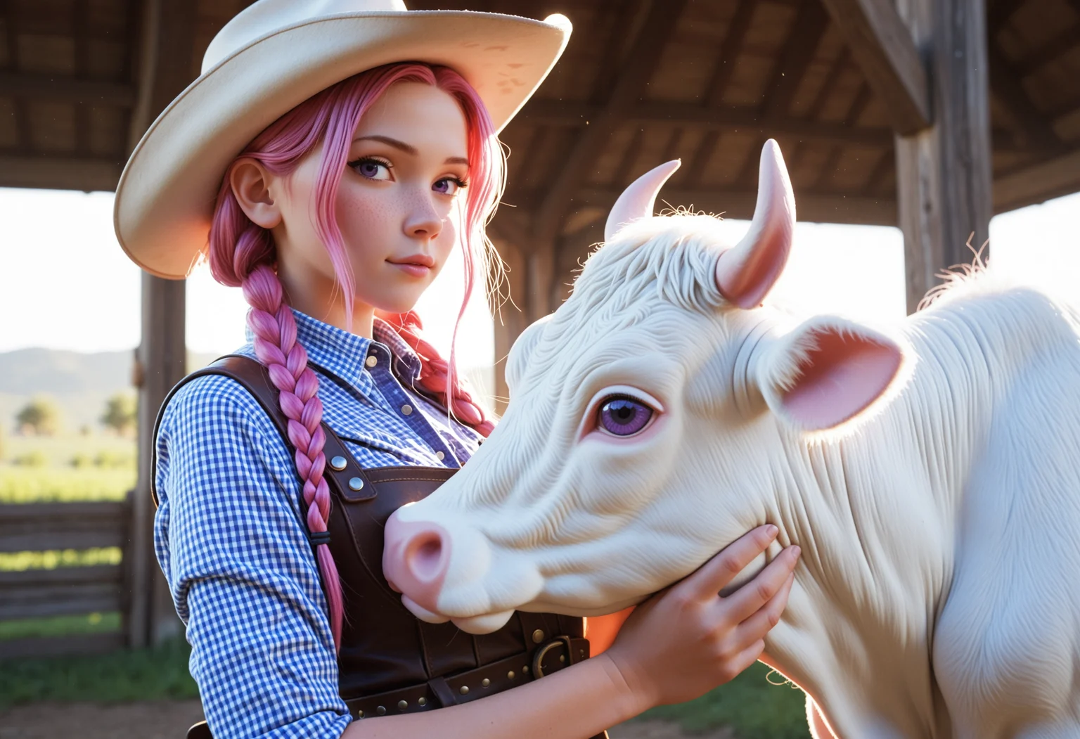 masterpiece, 4k, ray tracing, intricate details, highly-detailed, hyper-realistic, 8k RAW Editorial Photo.
<lora:CivChan_LF:1> Civchan, cowgirl with braided hair and wearing a cowboy hat, petting an adorable fluffy pink cow, farm background, purple eyes, pink hair
cinematic light, dramatic light, shallow depth of field, high budget, bokeh, cinemascope, film grain