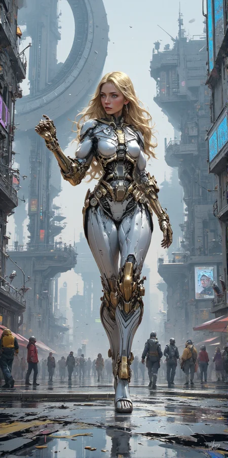 in the style of ck-sfc, detailed photorealistic image, fractal shaped Artemis Station spaceport megastructure of a Colossal scale in background, white ceramic and gleaming silver metallic, Hyper realistic painting, futuristic sci-fi environment, volumetric light, dealicate and breathtaking, picture of dancing cyborg girl goddess of light and purity on the street of cyturistic city, tight white-golden luxury robotic body suit, shining long golden hair, ground water reflections, neons shining on the night rain droplets, holy aura <lora:BLUE_mk4_angel_FLUX_03:1.2> <lora:ck-Sci-Fi-Concepts:1> <lora:CPA:1>