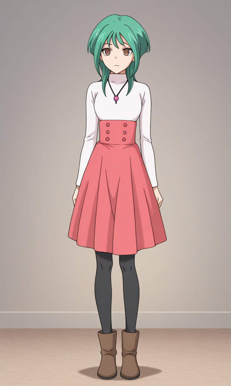 1girl, solo,tokoha_vgg, green hair, brown eyes,white turtleneck, pink high-waist skirt, pink skirt with buttons, black pantyhose, brown boots, pendant, full body, masterpiece,best quality,amazing quality,very aesthetic,absurdres,newest,