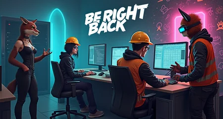 The title at the top of the image reads "Be Right Back" in the font, Impact, used in many memes.
The title at the top of the image reads "Be Right Back" in the font, Impact, used in many memes.
The title at the top of the image reads "Be Right Back" in the font, Impact, used in many memes.
The title at the top of the image reads "Be Right Back" in the font, Impact, used in many memes.
The title at the top of the image reads "Be Right Back" in the font, Impact, used in many memes.
The title at the top of the image reads "Be Right Back" in the font, Impact, used in many memes.
Text at the top of the image reads "Be Right Back" in the font, Impact, used in many memes.
The title at the top of the image reads "Be Right Back" in the font, Impact, used in many memes.
A high-resolution photograph humorously titled "Pardon Our Dust" in bold, white Impact font at the top captures a group of network technicians working in a cyberpunk-themed data center. Each technician is dressed in construction PPE, but with a twist: they are either Emo, Goth, or Furries, adding a unique and quirky element to the scene.
The Emo Network Lead: Sitting at the main desk, a technician with jet-black hair styled over one eye, heavy eyeliner, and black nail polish types furiously on a keyboard. His hard hat, adorned with emo band stickers, and a reflective vest over a black hoodie complete his look. The data center's neon lights cast a colorful glow on his somber expression.
The Goth Junior Technician: At an adjacent desk, a technician dressed in all black, including a lace-up corset, flowing sleeves, and a spiked choker, adjusts network cables. Her safety goggles are tinted dark, and her reflective vest contrasts sharply with her Gothic attire. She occasionally glances at her computer screen, where a progress bar indicates a system update. The cyberpunk aesthetic is enhanced by holographic displays floating around her.
The Furry Software Specialist: At another desk, a technician wearing a full furry costume with a brightly colored fox head and tail is multitasking, switching between multiple monitors displaying code and network diagrams. His hard hat is perched atop his furry head, and his reflective vest fits snugly over his costume. He types with oversized, paw-like gloves, adding a playful element to the scene.
The Cyberpunk Troubleshooter: Standing beside a server rack, another technician embodies the cyberpunk theme with neon hair, augmented reality goggles, and a leather jacket covered in glowing circuitry patterns. His construction gloves dangle from his pocket, and he gestures towards a screen displaying a complex network map. The room is filled with the hum of servers and the flicker of neon lights, enhancing the futuristic atmosphere.
The background features cyberpunk decor, including glowing cables, holographic projectors, and graffiti-styled art on the walls. The lighting is a mix of neon blues, purples, and pinks, creating a vibrant and edgy environment. The overall composition is both humorous and visually engaging, highlighting the “under construction” nature of their work while playfully blending construction elements with subcultures and cyberpunk aesthetics.