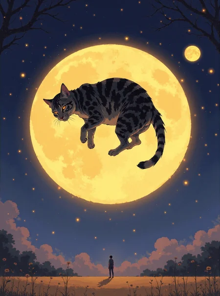 A serene and surreal scene featuring a tabby cat peacefully sleeping atop a glowing, oversized full moon. The moon's surface is illuminated with a soft, golden light, casting a warm glow onto the surrounding area. The setting is a quiet, expansive plain under a deep blue night sky filled with twinkling stars, creating a calm and magical atmosphere. 
In the background, a smaller, natural full moon is visible in the sky, adding depth to the composition. The cat's fur pattern is beautifully detailed with shades of grey and black, blending harmoniously with the golden hue of the moon. The focus is on the whimsical charm of the cat and the glowing moon, emphasizing tranquility and dreamlike wonder.
 <lora:ìë¬µí_No2:0.8>