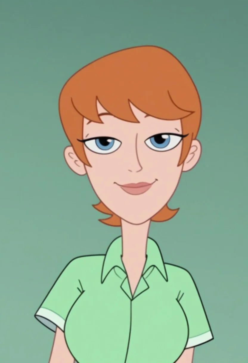 ((bedroom background)),score_9, score_8_up, score_7_up,score_6_up,
1girl, Solo, BrigetteM_MM, light skin, light blue eyes, light orange hair, short hair, small pointed nose, light green short-sleeved shirt, blue-gray pants, light brown shoes, big eyes, tall stature, smile, sexy face, close-up, face photo, perfect eyes, perfect smile, looking at the viewer, big breasts