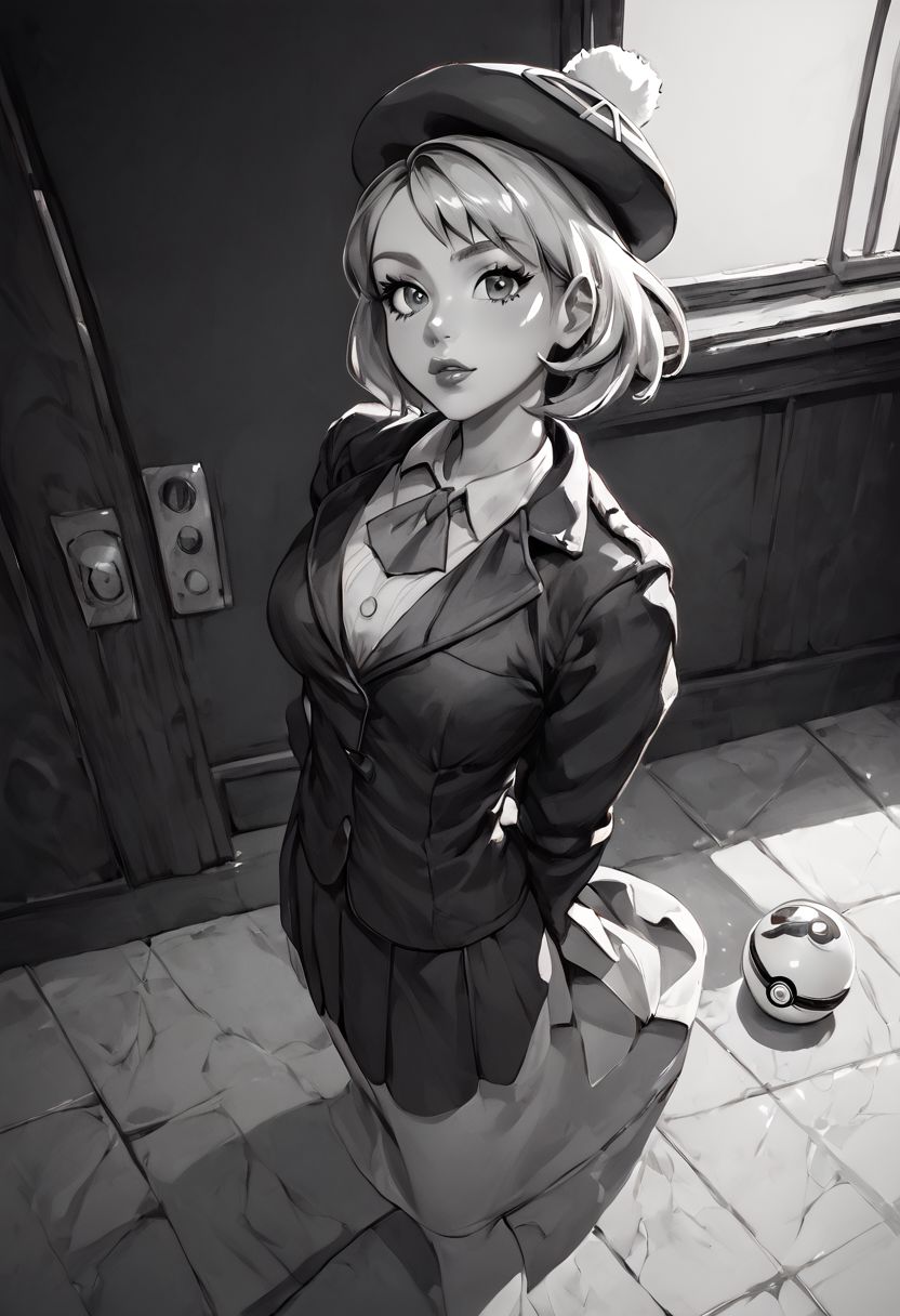 ( monochrome, grayscale,)
score_9, score_8_up, score_8, 1girl, (large breasts), 
pretty girl, indoors, 
 from above, 
BREAK, 
 gloria (pokemon), hat, looking at viewer, black jacket, formal, suit, black background, lips, curvy, head tilt, shiny clothes, holding pokeball,