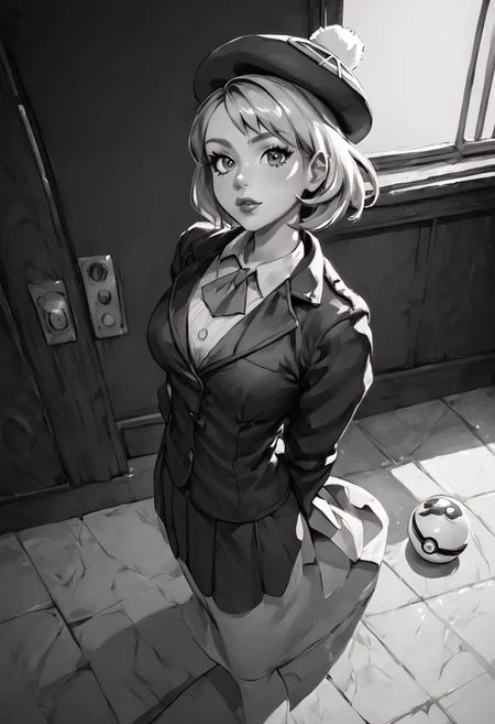( monochrome, grayscale,)
score_9, score_8_up, score_8, 1girl, (large breasts), 
pretty girl, indoors, 
 from above, 
BREAK, 
 gloria (pokemon), hat, looking at viewer, black jacket, formal, suit, black background, lips, curvy, head tilt, shiny clothes, holding pokeball,