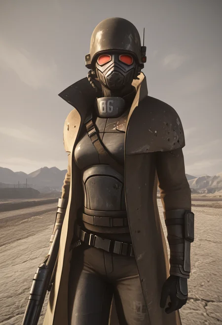 RangerArmorStyle, helmet, mask, fallout-style, veteran ranger armor, post-apocalyptic, trench coat, coat, military aesthetic, solo, wasteland background, 1person, ncr faction,  <lora:FNV_Ranger_Armor-000012:1>, medium breasts, 1girl, weapon