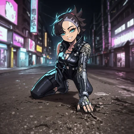 In a cyberpunk,town,shnywrld,outside,smiling,Marnie_(Pokemon), wearing a cyberpunk outfit,showing a robot arm on the right, smash the ground,still looking at the viewers,beautiful, high-quality,