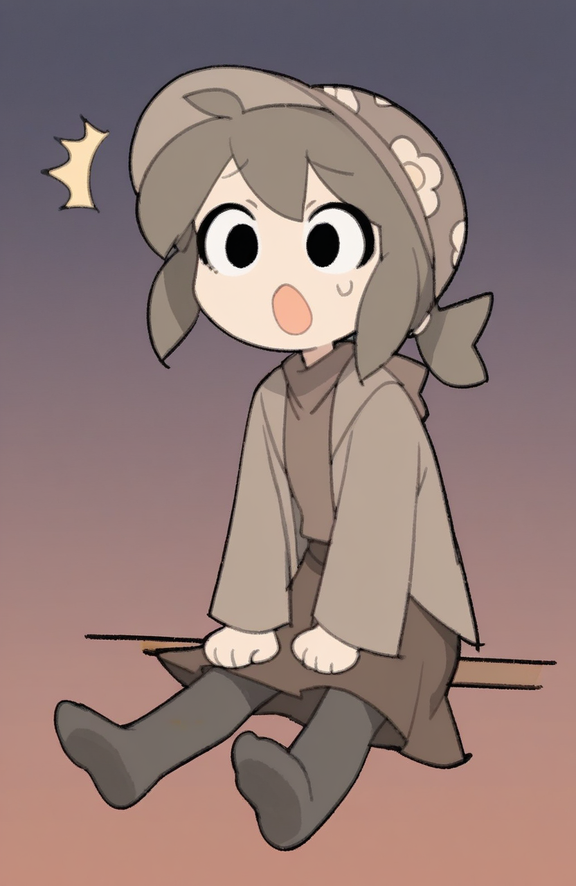 1girl, solo, chibi, <lora:TemmieChang:1> tmchng, sitting, eyes wide open, mouth agape, raised eyebrows, surprised,
brown hair, low ponytail, brown hat, brown jacket, brown shirt, brown skirt, black pantyhose, black eyes, no shoes,, extremely detailed, highres, masterpiece, best quality