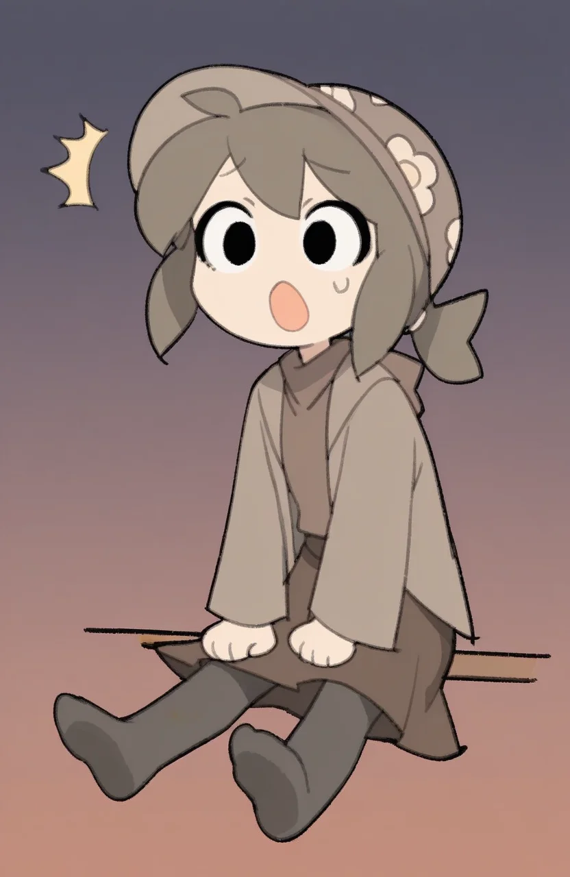 1girl, solo, chibi, <lora:TemmieChang:1> tmchng, sitting, eyes wide open, mouth agape, raised eyebrows, surprised,
brown hair, low ponytail, brown hat, brown jacket, brown shirt, brown skirt, black pantyhose, black eyes, no shoes,, extremely detailed, highres, masterpiece, best quality