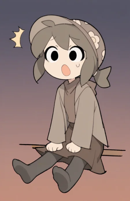 1girl, solo, chibi, <lora:TemmieChang:1> tmchng, sitting, eyes wide open, mouth agape, raised eyebrows, surprised,
brown hair, low ponytail, brown hat, brown jacket, brown shirt, brown skirt, black pantyhose, black eyes, no shoes,, extremely detailed, highres, masterpiece, best quality