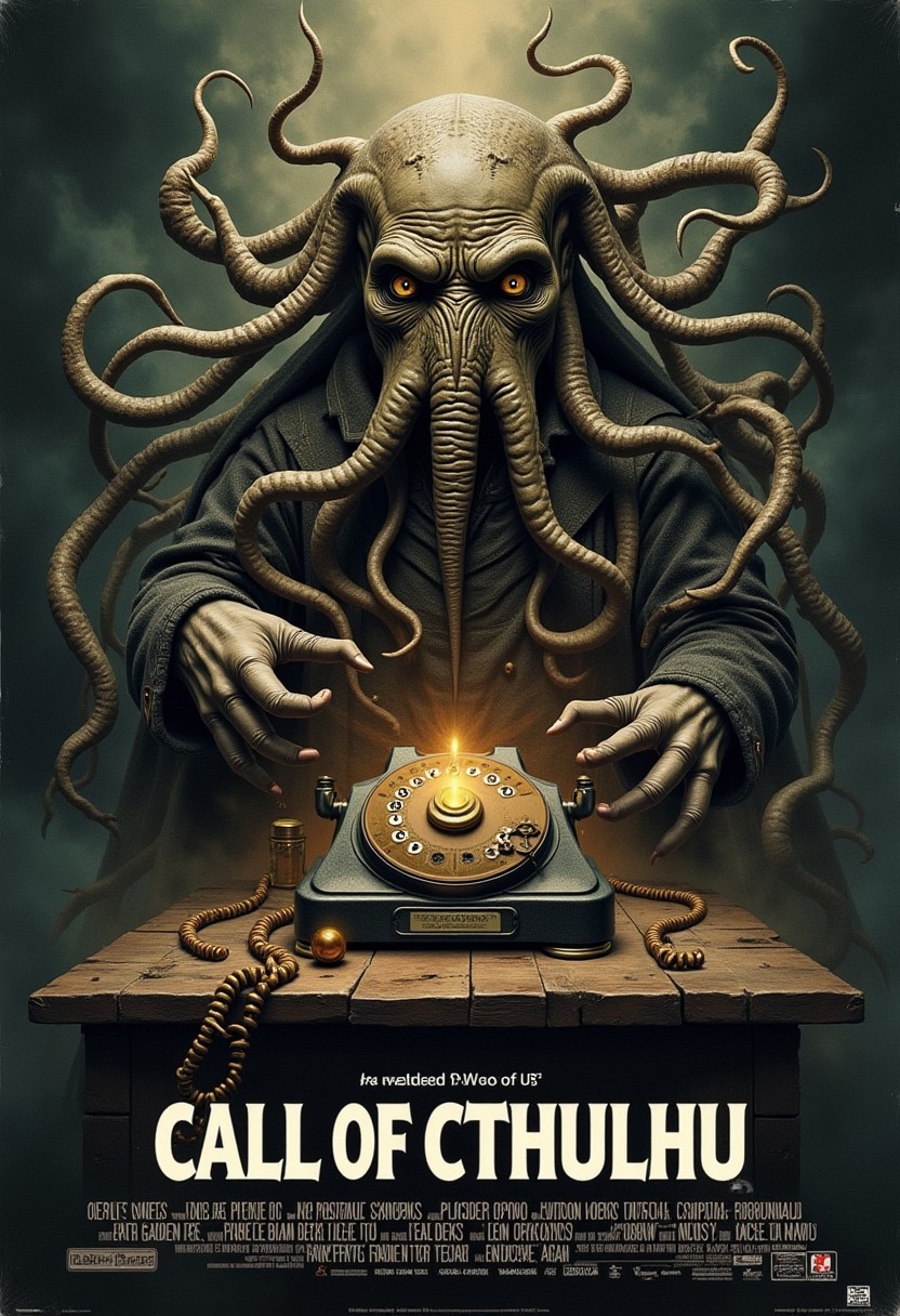 "Call of Cthulhu".
Movie poster of Cthulhu on a telephone.
Ethereal imagery.
mvpstrCE style