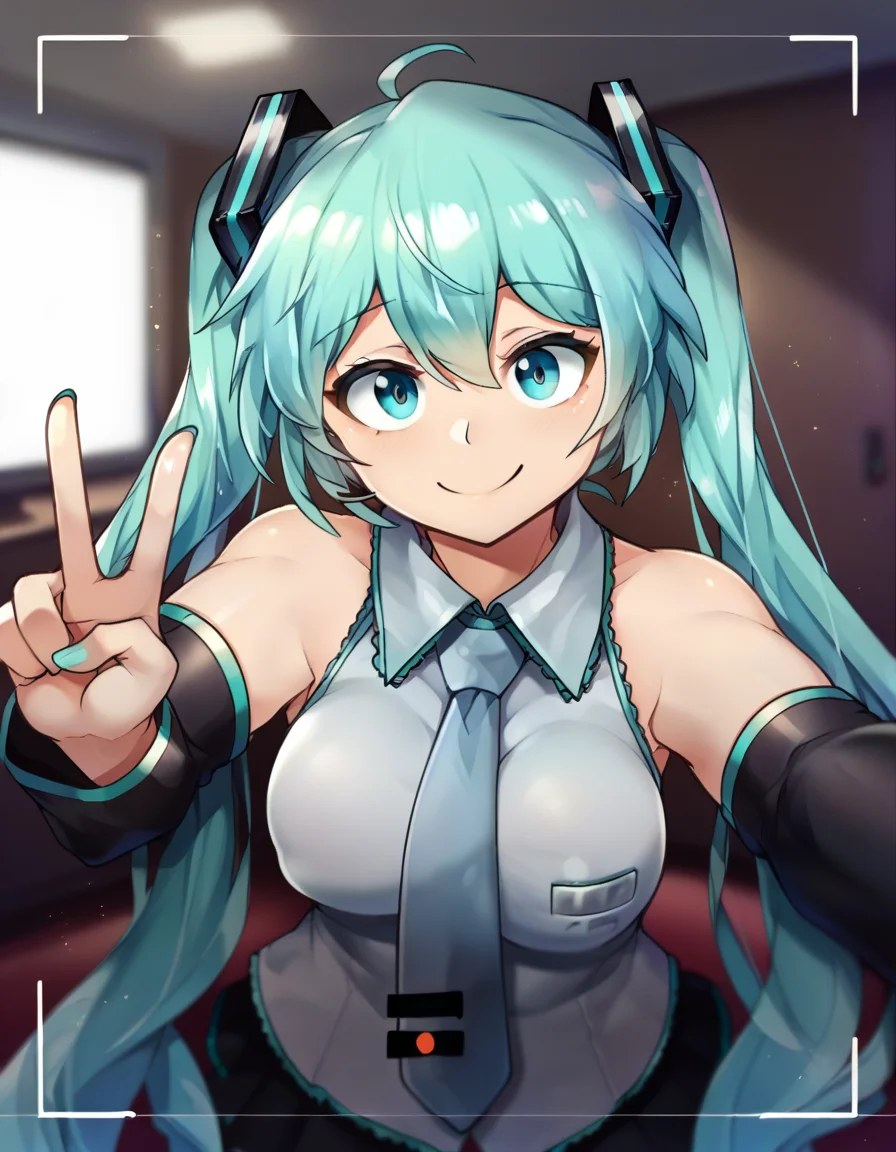 score_9, score_8_up, score_7_up, score_6_up, score_5_up, score_4_up, source_anime, BREAK <lora:Sinensian_Artist_Style_PonyXL_E16:1>,
hatsune_miku, solo, 1girl, smile, adorable face , cute, long eyelashes, elbow out of frame, one hand out of frame, necktie, selfie, closeup, recording, pov, v sign, upper_body
