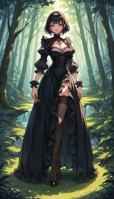 score_9, score_8_up, score_7_up, Anime Style, Full Body Shot, girl, cute, seductive, innocent, light smile:0.3, plump lips, slender body, high detailed gothic dress, red|white|black, vibrant color, mistery forest background, depth of field, dynamic angle, fashion photography, sharp, hyperdetailed:1.15