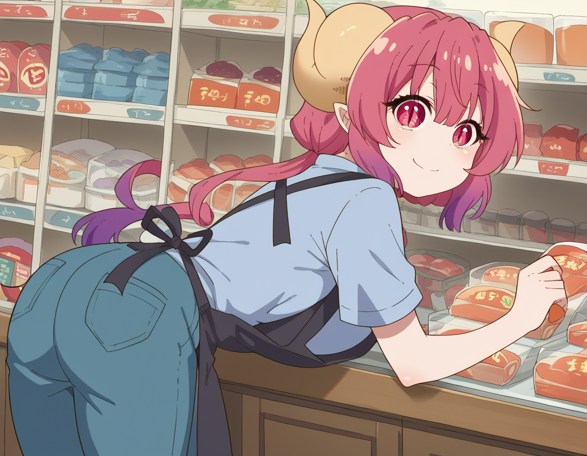 score_9, score_8_up, score_7_up, source_anime,
dragonilulu, <lora:dragon-ilulu-s2-ponyxl-lora-nochekaiser:1>,
ilulu, curled horns, horns, long hair, multicolored hair, purple hair, red eyes, red hair, slit pupils, large breasts,
shirt, short sleeves, apron, blue shirt, black apron, pants,
indoors, bent over, smile, shop,
looking at viewer, cowboy shot, dutch angle, solo,