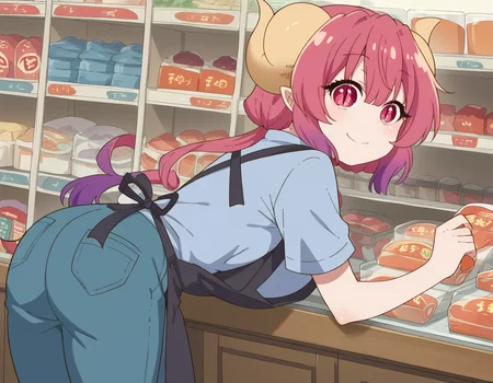score_9, score_8_up, score_7_up, source_anime,
dragonilulu, <lora:dragon-ilulu-s2-ponyxl-lora-nochekaiser:1>,
ilulu, curled horns, horns, long hair, multicolored hair, purple hair, red eyes, red hair, slit pupils, large breasts,
shirt, short sleeves, apron, blue shirt, black apron, pants,
indoors, bent over, smile, shop,
looking at viewer, cowboy shot, dutch angle, solo,
