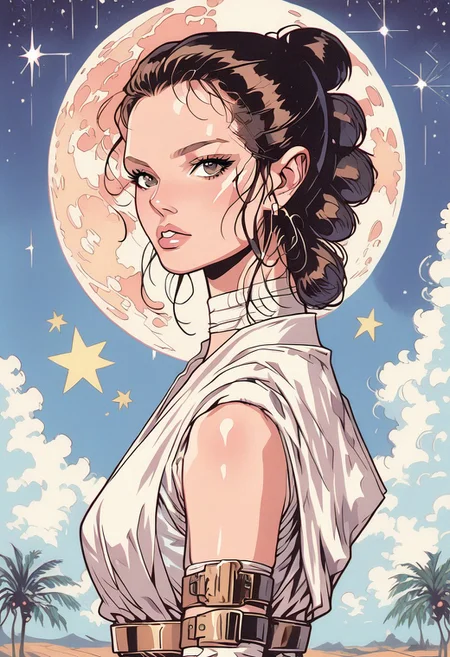 score_9, score_8_up, score_7_up, score_6_up, score_5_up, score_4_up, BREAK sourse_anime, retro anime style, detailed retro anime, 90's anime style, 1990s \(style\), Vintage, dreamy psychedelic anime, high quality, best quality, anatomically correct, masterpiece, BREAK 1woman, solo, from side, view from the back, BREAK solo, (Rey Skywalker), brown hair, brown eyes, sleeveless, jedi, white cloth, white pants, white bandages, fully clothed, BREAK looking up, shooting star, large moon, desert at night, BREAK (hands reach out to the star), (night, shining stars in the sky on background), translucent rainbow, cowboy shot, d41z3n