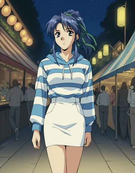 score_9, score_8_up, score_7_up, <lora:shuusaku-ova-ponyxl-000006:1> takabe, hair ribbon, casual, hoodie, striped shirt, white skirt, pencil skirt, microskirt,
1girl, solo, light smile, walking, festival, cowboy shot, night
