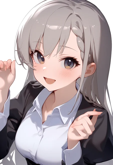 1girl,collared shirt,hisakawa hayate,simple background,white background,solo,white shirt,dress shirt,looking at viewer,black jacket,blush,juliet sleeves,upper body,closed mouth,collarbone,black skirt,open mouth,smile,hands up,<lora:a31_char_new_hisakawa_hayate-000026:1>masterpiece, best quality, absurdres<lora:a31_style_koni-000010:0.8>