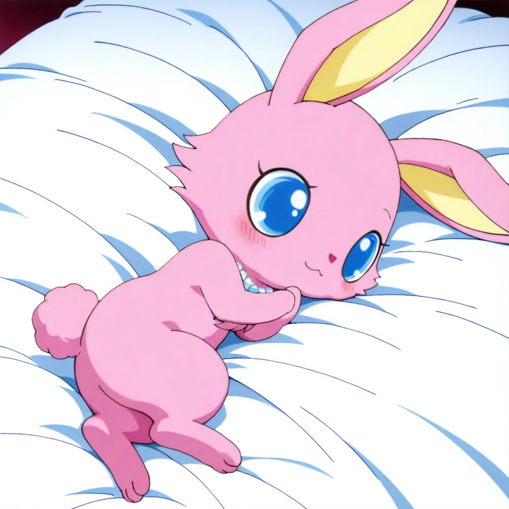 1 girl,luna (jewelpet),luna,jewelpet, furry, no human, pink fur,blue eyes,rabbit, on bed, lying, 
masterpiece, best quality, amazing quality