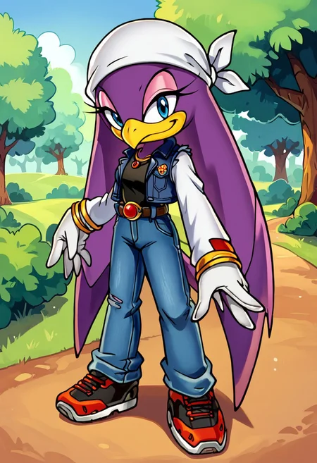 score_9,score_8_up,score_7_up, yuji uekawa, outdoors, daytime, forest mountain field, 1girl, Waveswallowxl, mobian, purple skin, beak, long hair, blue eyes, white bandana, white gloves, black t-shirt, long sleeves, striped white sleeves, denim jacket vest, jeans, belt, sneakers, standing, looking at viewer, smile