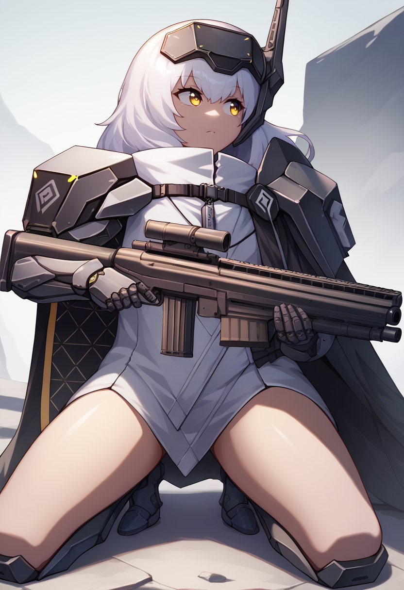 score_9, score_8_up, score_7_up, source_anime, BREAK 1girl, solo, <lora:snowwhite-nikke-richy-v1_pdxl:1> swdef, white hair, long hair, yellow eyes, headgear, mechanical arms, shoulder pad, cloak, chest strap, badge, thighs, boots, looking to the side, aiming, sniper rifle, anti-materiel rifle, kneeling, on one knee,
