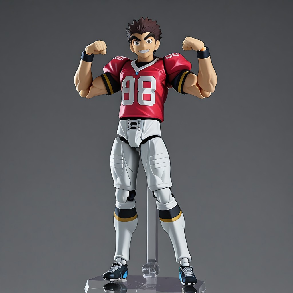 figma, figure anime style, PVC, Yaoi figure PVC, PVC boy, PVC texture, male, High Quality, perfect anatomy, HD, anime style, break
TAROU RAIMON, 1boy, solo, alone, brown hair,  thick eyebrows, dark brown eyes, muscular bíceps, Big bíceps, muscle arms, Big pecs, Big chest, flexing bíceps, athletic build, smiling, posing, looking at viewer, football uniform, tight uniform, red and white uniform,