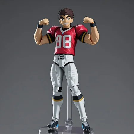 figma, figure anime style, PVC, Yaoi figure PVC, PVC boy, PVC texture, male, High Quality, perfect anatomy, HD, anime style, break
TAROU RAIMON, 1boy, solo, alone, brown hair,  thick eyebrows, dark brown eyes, muscular bíceps, Big bíceps, muscle arms, Big pecs, Big chest, flexing bíceps, athletic build, smiling, posing, looking at viewer, football uniform, tight uniform, red and white uniform,