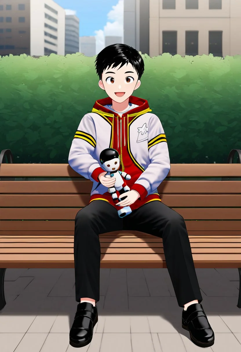harmard, black hair, short hair, brown eyes, 1boy, (solo:1.20), solo focus, red_white_jacket, black pants, at park, happy expression, sit on bench, holding a robot toy, black shoes