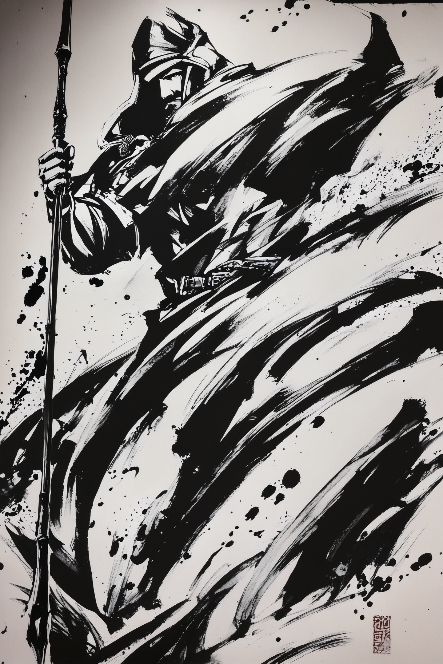 score_9,score_8_up,score_7_up,masterpiece,best quality,
1boy, polearm, male focus, weapon, solo, monochrome, spear, ink \(medium\), traditional media, greyscale, holding polearm, topknot
<lora:okazu_XL_PONY:1>,