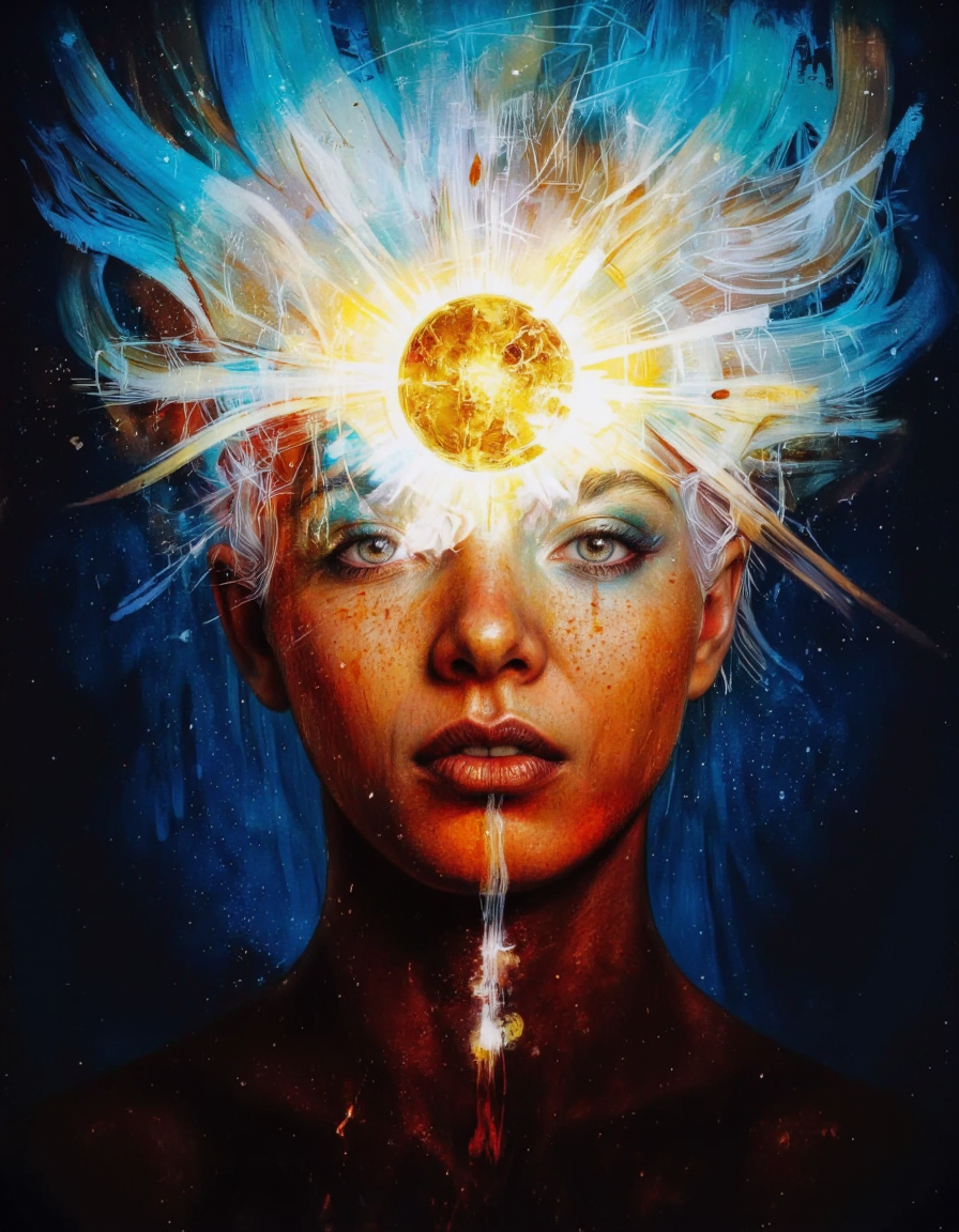 Art by Mario Nevado. This is a digital artwork depicting a surreal, abstract human face. The subject's skin is a deep reddish-brown, with a glowing, golden-yellow orb centered in the forehead, surrounded by a translucent, glowing halo. The face is framed by flowing, white hair that blends into the background, creating an ethereal effect. The background is dark blue, with abstract, textured brushstrokes and a subtle gradient, enhancing the mystical ambiance. The lighting appears artificial, casting a soft, diffused glow that highlights the central orb and the subject's face. The composition uses symmetry and the rule of thirds, with the orb as the focal point. The depth of field is shallow, with the background slightly blurred. The overall aesthetic quality is high, with a dreamlike, otherworldly appeal.