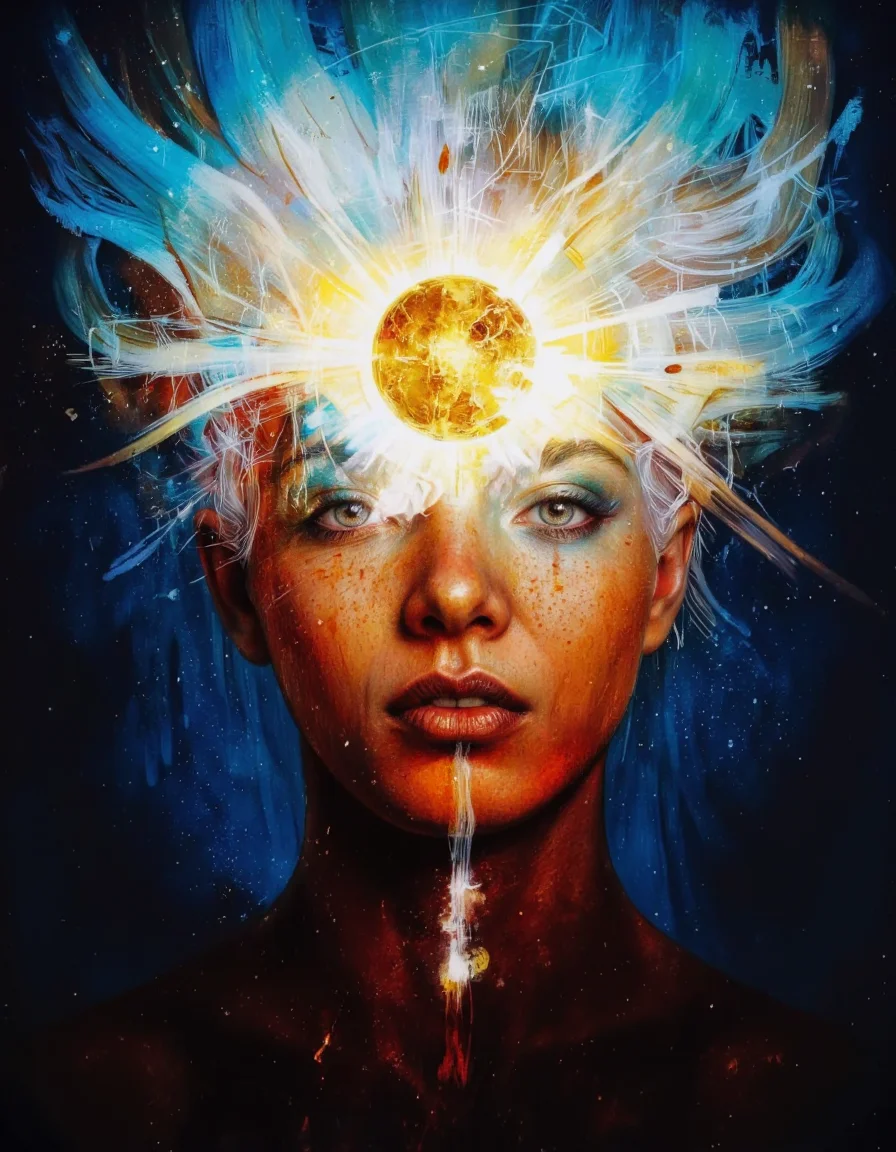 Art by Mario Nevado. This is a digital artwork depicting a surreal, abstract human face. The subject's skin is a deep reddish-brown, with a glowing, golden-yellow orb centered in the forehead, surrounded by a translucent, glowing halo. The face is framed by flowing, white hair that blends into the background, creating an ethereal effect. The background is dark blue, with abstract, textured brushstrokes and a subtle gradient, enhancing the mystical ambiance. The lighting appears artificial, casting a soft, diffused glow that highlights the central orb and the subject's face. The composition uses symmetry and the rule of thirds, with the orb as the focal point. The depth of field is shallow, with the background slightly blurred. The overall aesthetic quality is high, with a dreamlike, otherworldly appeal.