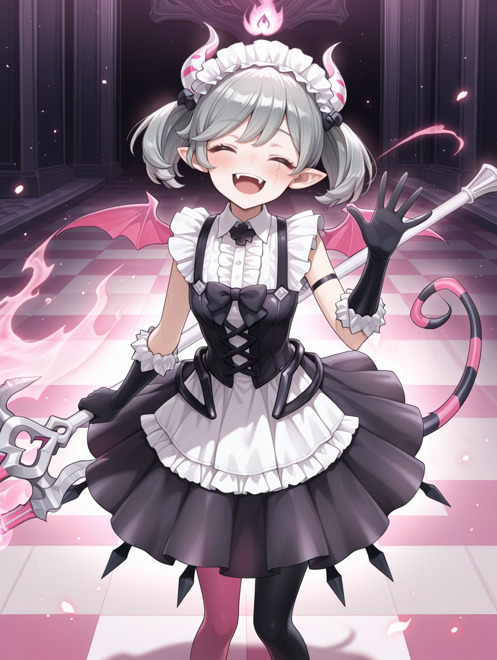 1girl,arianne the labrynth servant,tail raised,closed eyes,solo,waving,open hands,fangs,open mouth,smile,pink demon wings,blush,holding trident,trident,demon girl,white maid headdress,black hair bow,black bowtie,black cross-laced corset,white frilled dress,black elbow gloves,asymmetrical legwear,scar across eye,checkered floor,pink fire,
masterpiece,best quality,amazing quality,very aesthetic,absurdres,newest,<lora:Arianne and  Arianna the Labrynth Servant illusXL v1.1:0.75>,