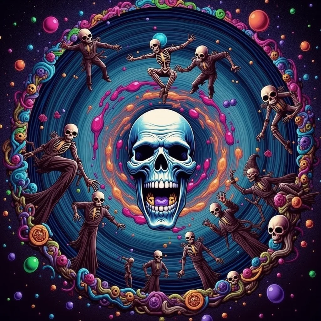 horror-themed psychedelic style concept art Dark Fantasy Art, <lora:Undead Apocalypse v1:1> und34dpsy, a zero-gravity rave happening inside a spinning wormhole, hosted by interdimensional deadites wearing chrome robes. The DJ is a floating skull in a jar. Attendees include psychedelic skeletons, zombie astronauts, and mutated alien groupies. Colors bend and smear, everything floats, and beat drops cause physical ripples in space. Scene loops seamlessly with animated space dust and twitchy camera pans., dark, moody, dark fantasy style . digital artwork, illustrative, painterly, matte painting, highly detailed . vibrant colors, swirling patterns, abstract forms, surreal, trippy . eerie, unsettling, dark, spooky, suspenseful, grim, highly detailed