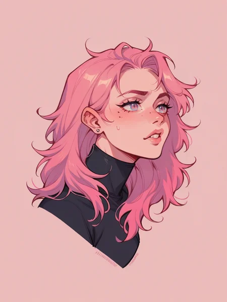 score_9, score_8_up, score_7_up, score_6_up, score_5_up, score_4_up, <lora:h3ll1shXLP2:0.7> 1girl, pink background, h3ll1sh,