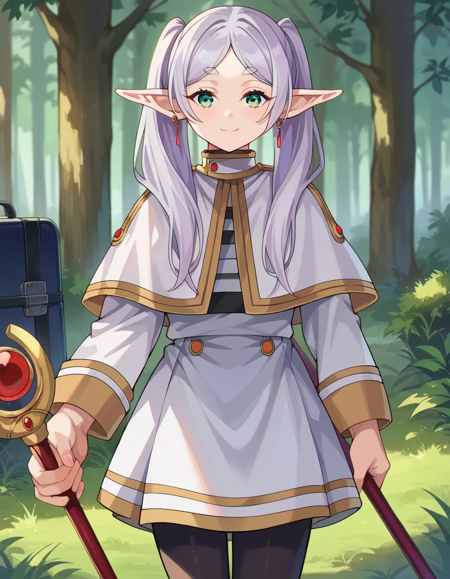 score_9, score_8_up, score_7_up, source_anime,
frieren, <lora:frieren-ponyxl-lora-nochekaiser:1>,
frieren, long hair, twintails, green eyes, grey hair, pointy ears, elf, smile,
shirt, long sleeves, jewelry, pantyhose, earrings, striped, black pantyhose, capelet, striped shirt, skirt, white skirt,
outdoors, forest, nature, staff, holding staff, briefcase,
looking at viewer, cowboy shot, dutch angle,